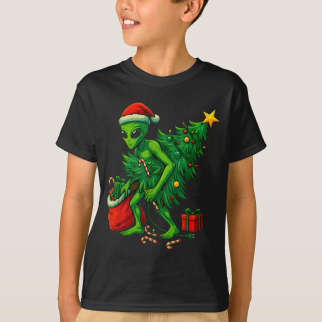 Alien Christmas Tree Lights Xmas Boys Men  T-Shirt (Front)