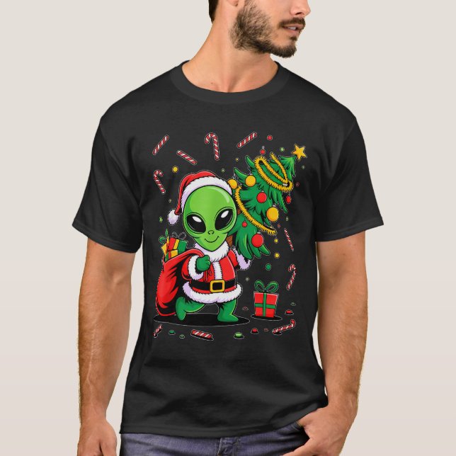 Alien Christmas Tree Lights Xmas Funny Alien  T-Shirt (Front)