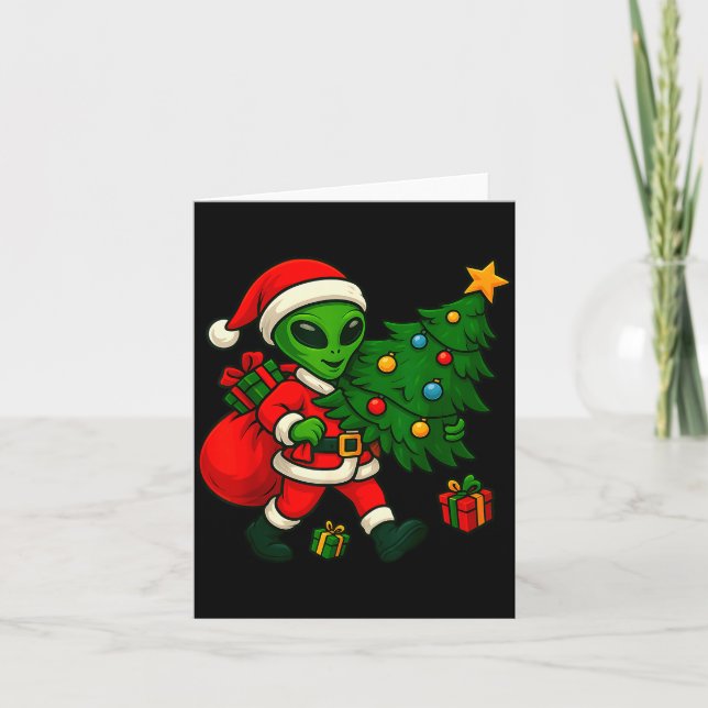 Alien Christmas Tree Xmas Lights Funny Holiday Men Card (Front)