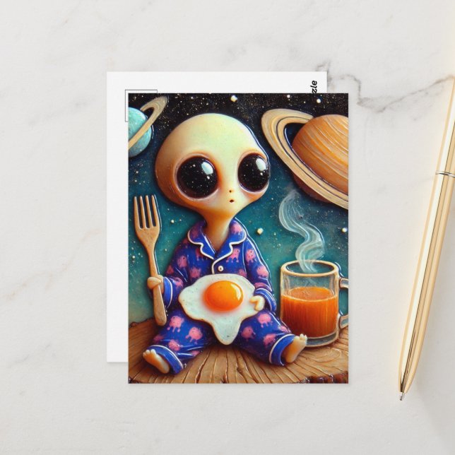 Alien Coffee and Eggs Postcard (Front/Back In Situ)