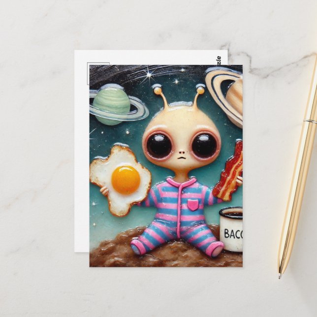 Alien Coffee With Bacon and Eggs Postcard (Front/Back In Situ)
