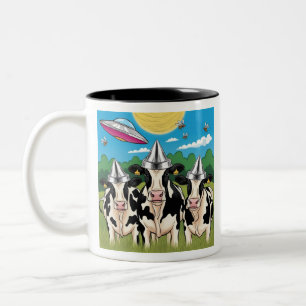 Alien Cow Tin Foil Hat Tee, UFO UAP Two-Tone Coffee Mug