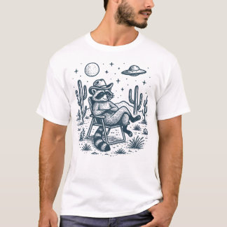 Alien Cowboy Raccoon Desert Night UFO Illustration T-Shirt