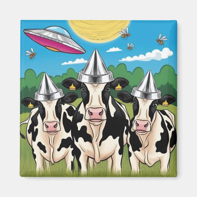 Alien Cows Tin Foil Hats,  UFO UAP Magnet (Front)
