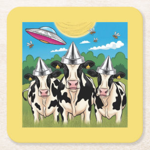 Alien Cows Tin Foil Hats, UFO UAP Square Paper Coaster