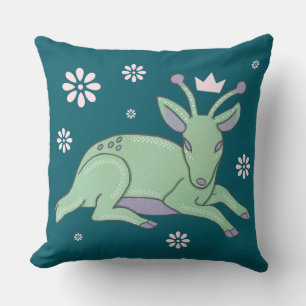 Alien Deer Folk Art Whimsical Green Fawn Cushion