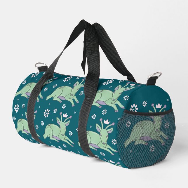 Alien Deer Folk Art | Whimsical Green Fawn Duffle Bag (Right Corner)