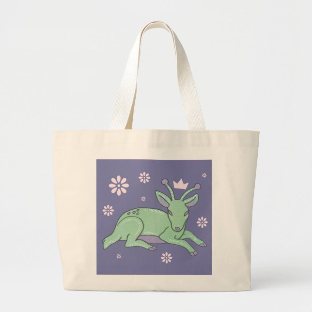 Alien Deer Folk Art | Whimsical Green Fawn Large Tote Bag (Front)