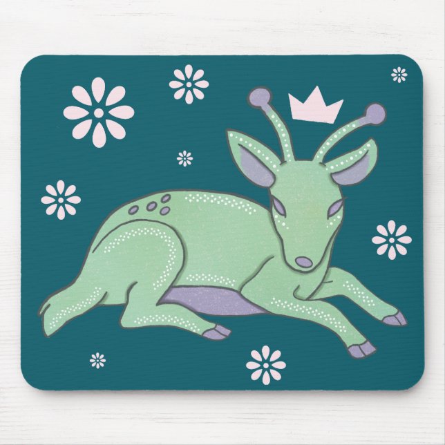 Alien Deer Folk Art | Whimsical Green Fawn Mouse Mat (Front)