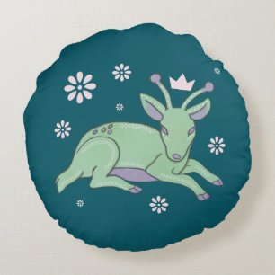 Alien Deer Folk Art Whimsical Green Fawn Round Cushion