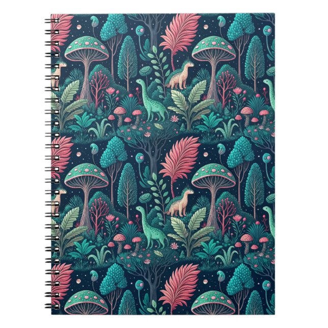 Alien Dinosaur Sci-Fi Neon Mushroom Forest Pattern Notebook (Front)
