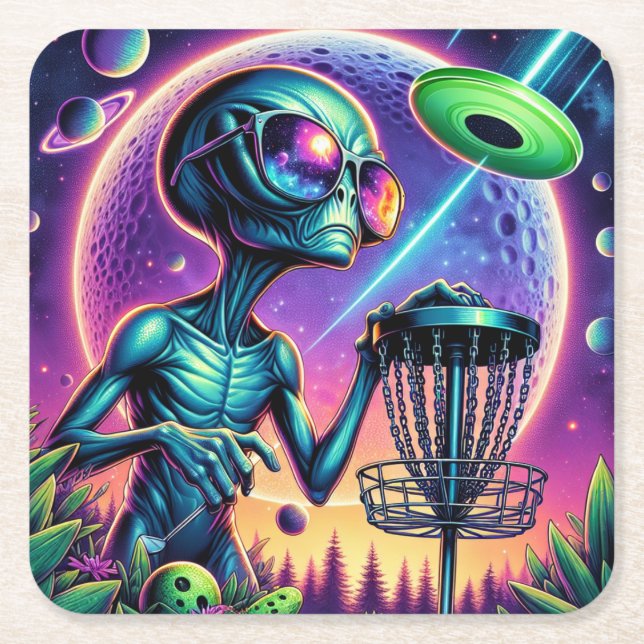 Alien Disc Golf   Square Paper Coaster (Front)
