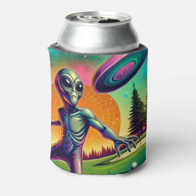 Alien Disc Golf with Planet Backgroud Can Cooler (Can Back)