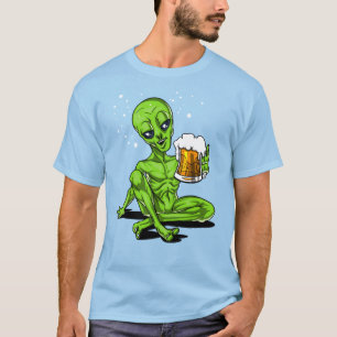 Alien Drinking Beer Space UFO Cosmic Party T-Shirt