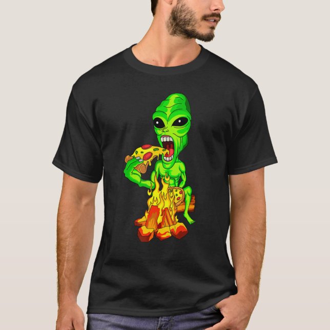 Alien Eating Pizza UFO Extraterrestrial T-Shirt (Front)