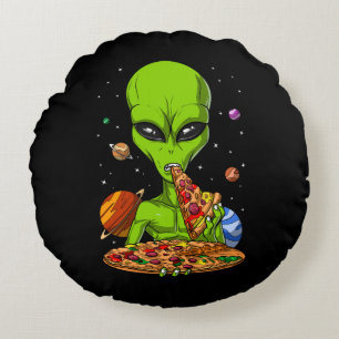 Alien Eating Space Pizza Round Cushion