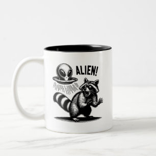 Alien Encounter Unisex T-shirt, Scared Racoon  Two-Tone Coffee Mug