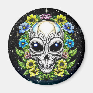 Alien Extraterrestrial with Blue Eyes and Flowers Magnet