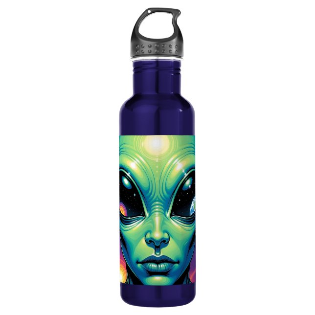 Alien Face with Planets Reflections in Eyes 710 Ml Water Bottle (Front)