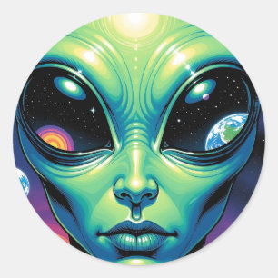 Alien Face with Planets Reflections in Eyes Classic Round Sticker