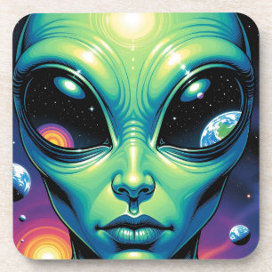 Alien Face with Planets Reflections in Eyes Coaster