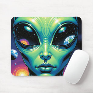 Alien Face with Planets Reflections in Eyes Mouse Mat
