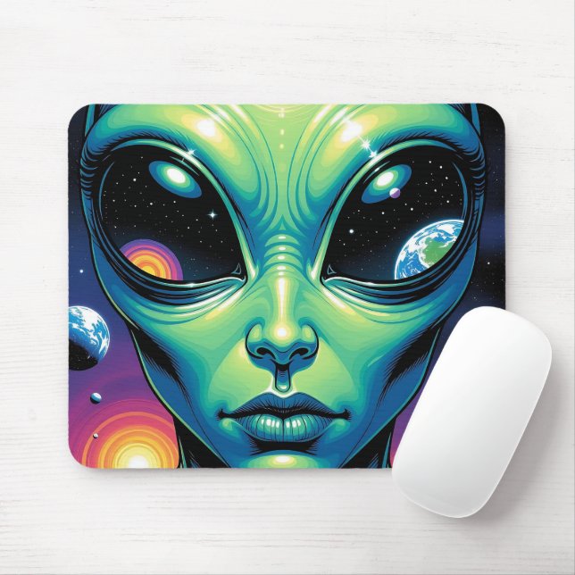 Alien Face with Planets Reflections in Eyes Mouse Mat (With Mouse)
