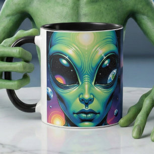 Alien Face with Planets Reflections in Eyes Mug