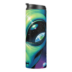 Alien Face with Planets Reflections in Eyes Thermal Tumbler