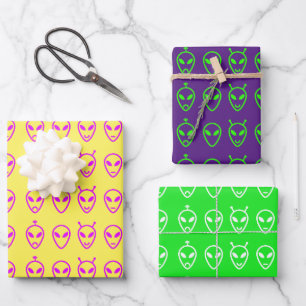 Alien Faces Trio Wrapping Paper Sheet
