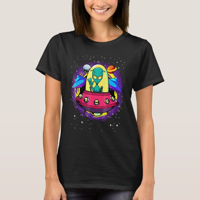 Alien Flying Saucer Peace Outer Space Alien Abduct T-Shirt (Front)