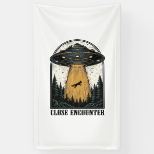 Alien Forest Abduction Vintage UFO Engraving Banner