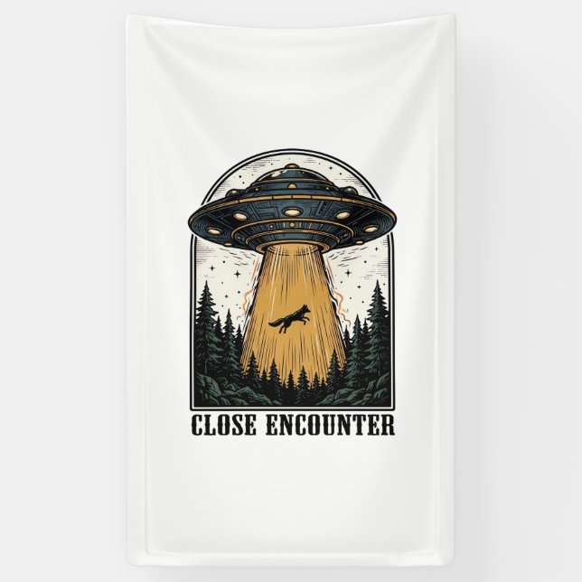 Alien Forest Abduction Vintage UFO Engraving Banner (Vertical)
