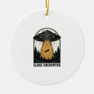 Alien Forest Abduction Vintage UFO Engraving Ceramic Tree Decoration