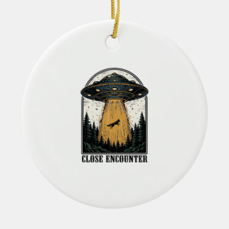 Alien Forest Abduction Vintage UFO Engraving Ceramic Tree Decoration