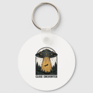 Alien Forest Abduction Vintage UFO Engraving Key Ring