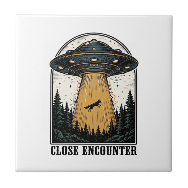 Alien Forest Abduction Vintage UFO Engraving Tile (Front)
