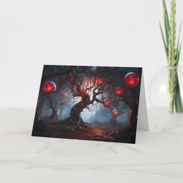 Alien Forest, Glowing Red Orbs "Happy Halloween!" Card (Front)