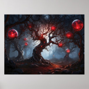 Alien Forest, Twisted Trees, Glowing Red Orbs Poster