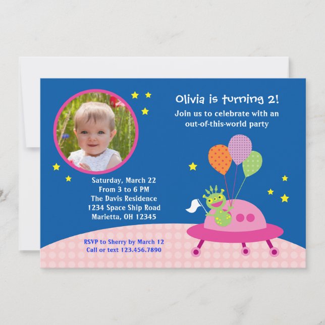 Alien Girl Photo Birthday Party Invitation (Front)