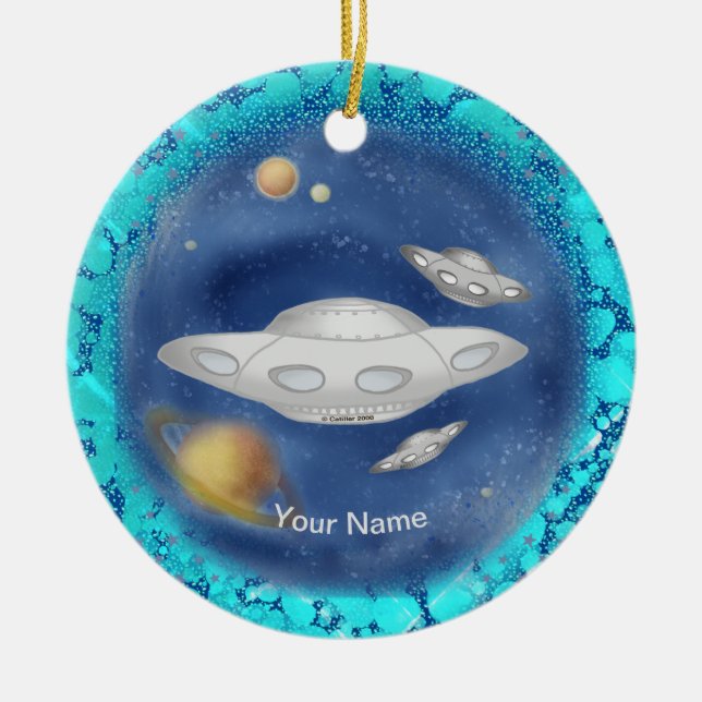 Alien Gray Spaceship custom name Ornament (Front)