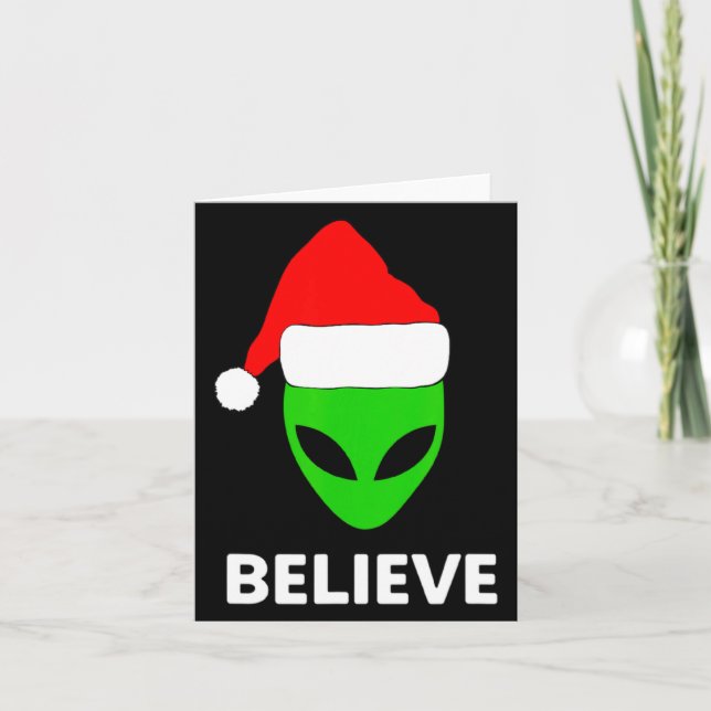 Alien Green Face Christmas Santa Hat Believe  Card (Front)