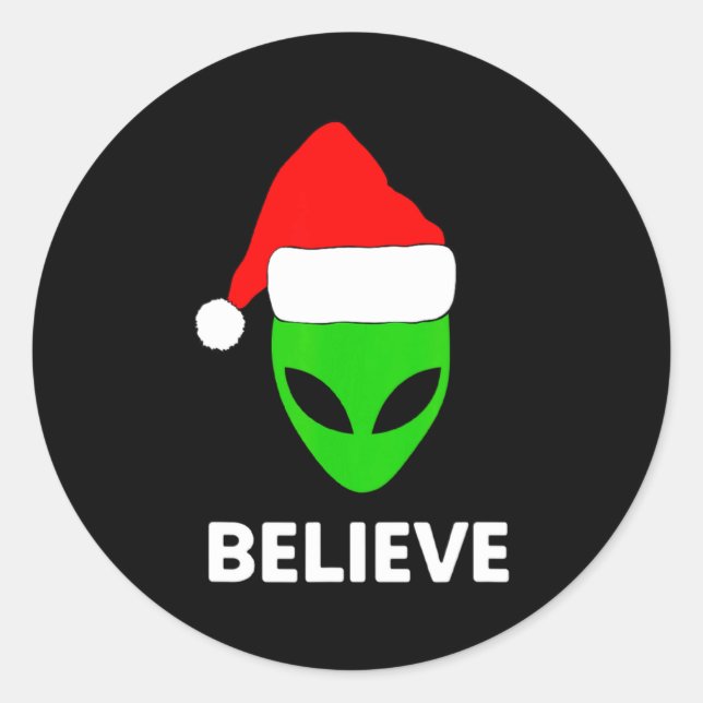 Alien Green Face Christmas Santa Hat Believe  Classic Round Sticker (Front)