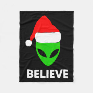 Alien Green Face Christmas Santa Hat Believe Fleece Blanket