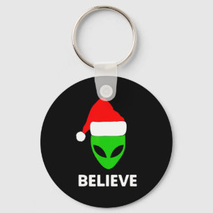 Alien Green Face Christmas Santa Hat Believe  Key Ring
