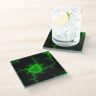 Alien Green Lightning Strikes in Pitch Black Glass Coaster