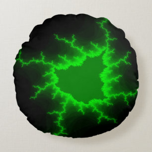 Alien Green Lightning Strikes in Pitch Black Round Cushion