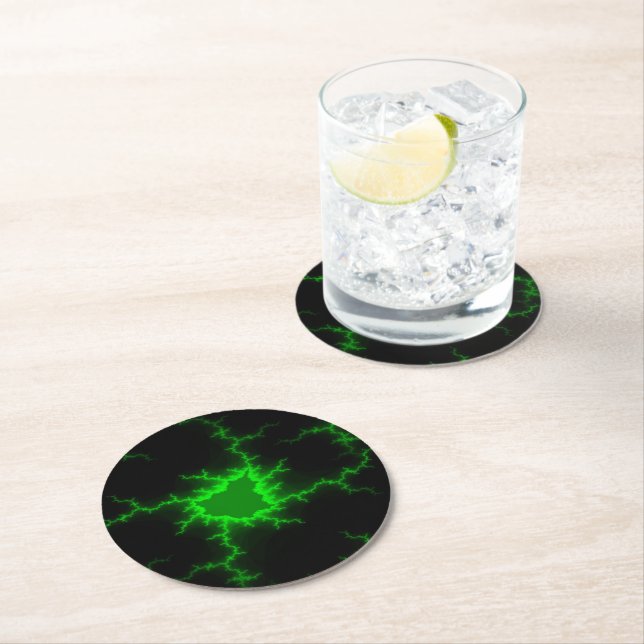 Alien Green Lightning Strikes in Pitch Black Round Paper Coaster (Insitu)