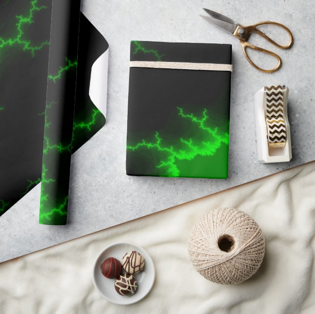 Alien Green Lightning Strikes in Pitch Black Wrapping Paper (Crafts)