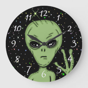 Alien Grey Starry Background Outer Space Large Clock